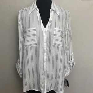 3-29 Iz Byer White top Blouse Stripe XL NWT roll Tab Sleeve